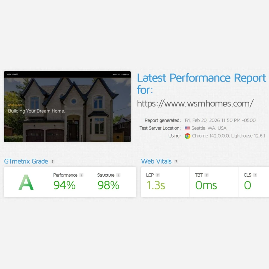 wsm custom home builders improved website performance